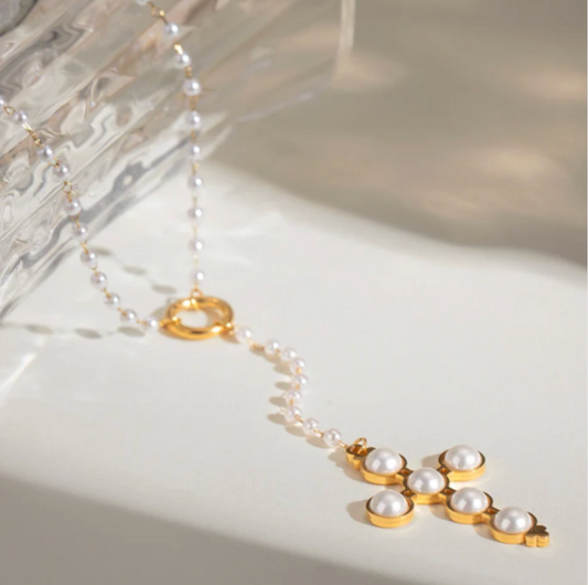 Pearl Cross Pendant Necklace - Jewelry - 18k Gold Plated Waterproof Jewellery - Collection 9