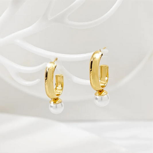 Golden Pearl Drop Hoop Earrings - Earrings - 18k Gold Plated Waterproof Jewellery - Collection 9