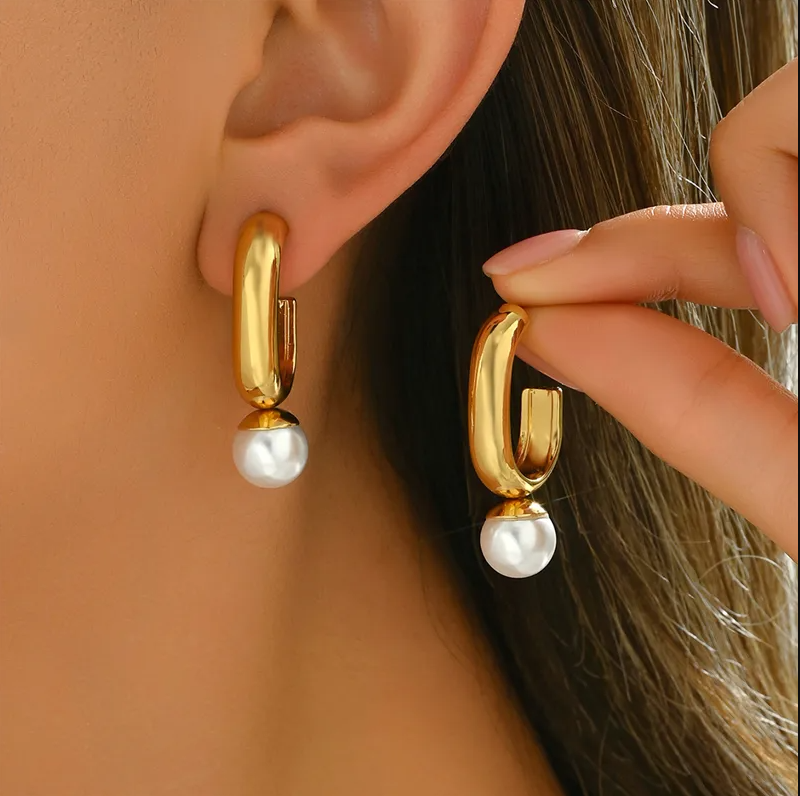 Golden Pearl Drop Hoop Earrings - Earrings - 18k Gold Plated Waterproof Jewellery - Collection 9