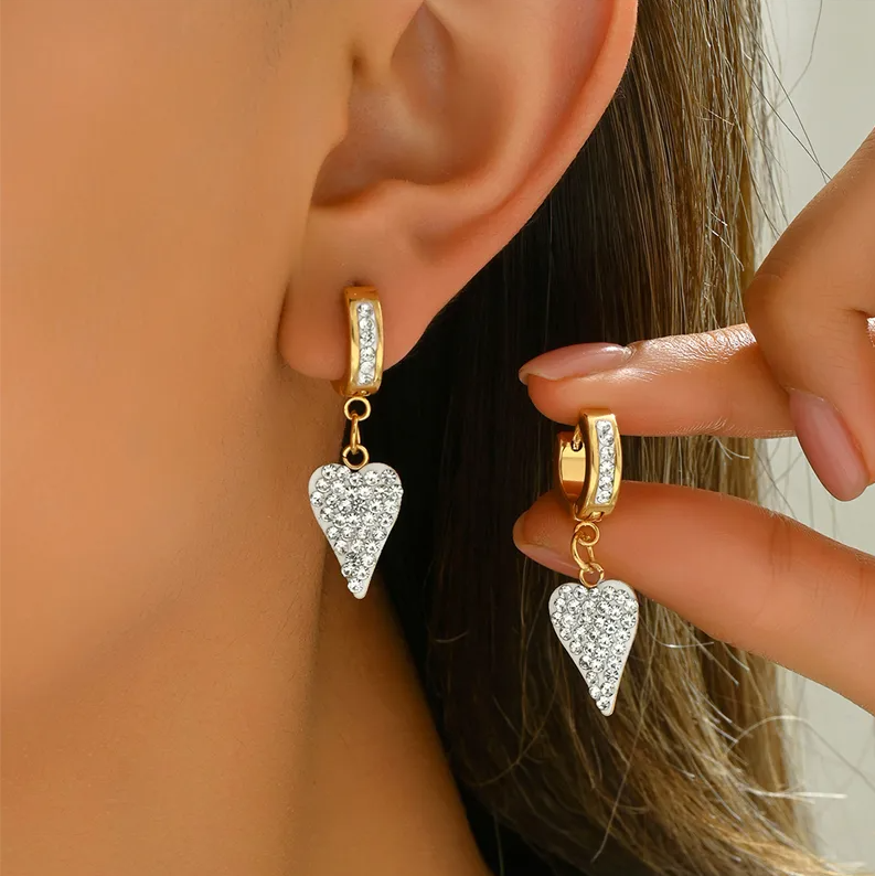 Golden Heart Crystal Drop Hoop Earrings - Earrings - 18k Gold Plated Waterproof Jewellery - Collection 9