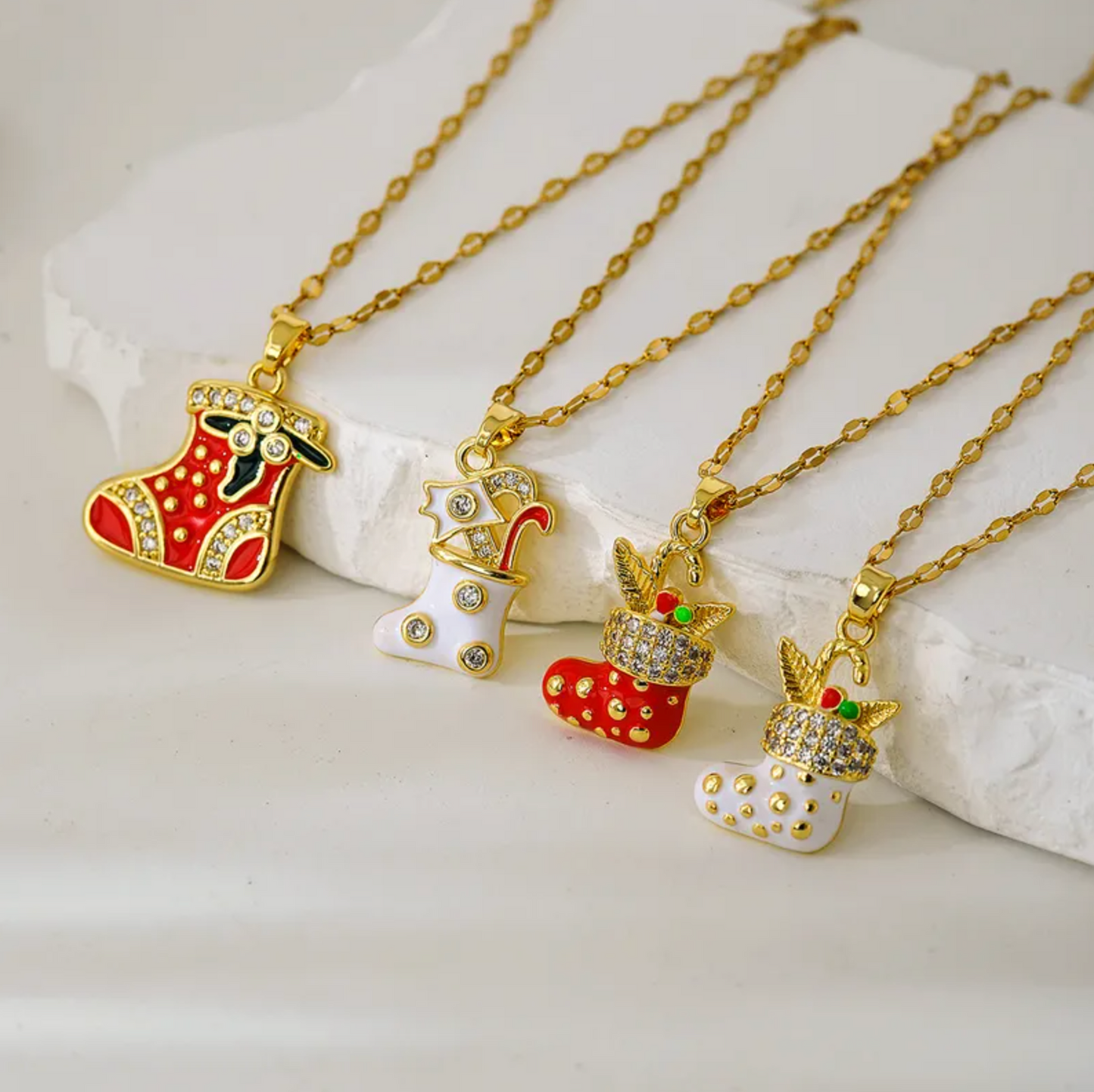 White & Gold Christmas Stocking Pendant Necklace - Necklaces - 18k Gold Plated Waterproof Jewellery - Collection 9