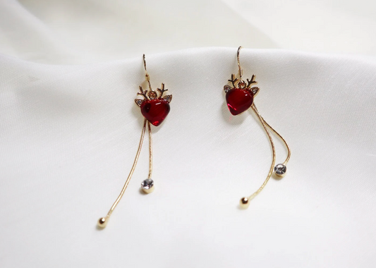 Red Crystal Reindeer Heart Tassel Earrings - Earrings - 18k Gold Plated Waterproof Jewellery - Collection 9