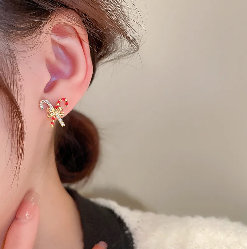 Crystal Candy Cane Bow Stud Earrings - Earrings - 18k Gold Plated Waterproof Jewellery - Collection 9