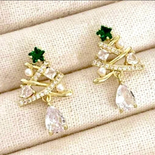 Pearl & Crystal Christmas Tree Stud Earrings - Earrings - 18k Gold Plated Waterproof Jewellery - Collection 9
