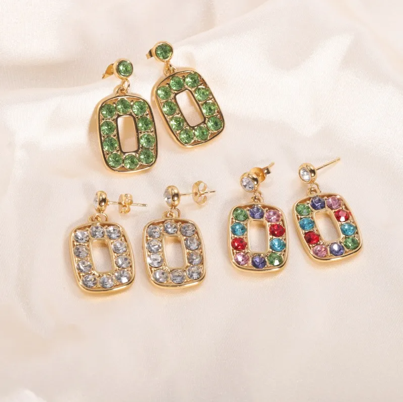 Gold Crystal Rectangle Drop Earrings - - 18k Gold Plated Waterproof Jewellery - Collection 9