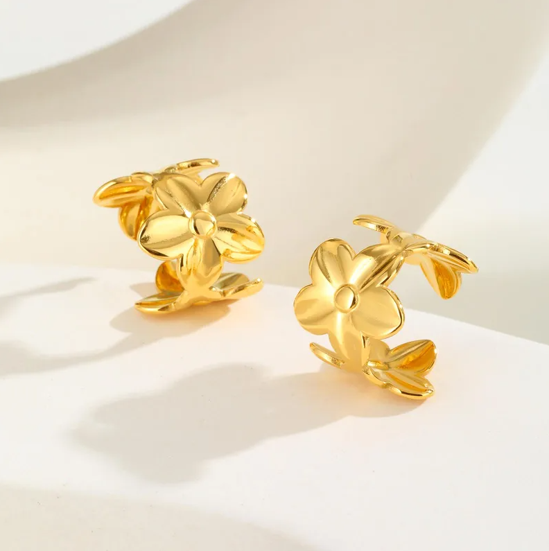 Gold Plumeria Flower Ear Cuffs - - 18k Gold Plated Waterproof Jewellery - Collection 9