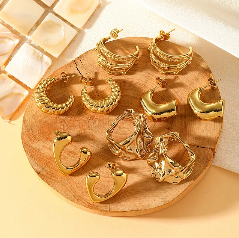 Gold Crumpled Textured C-Hoop Earrings - - 18k Gold Plated Waterproof Jewellery - Collection 9