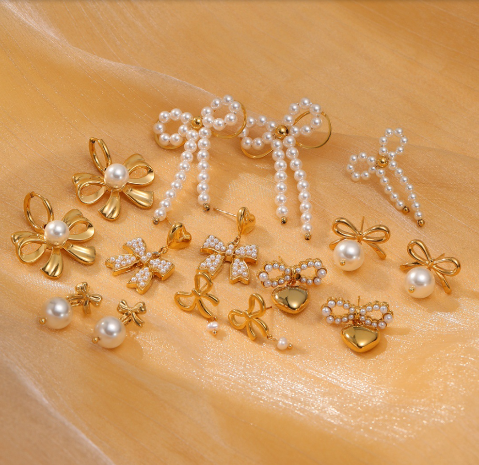 Gold Heart Pearl Bow Drop Earrings - - 18k Gold Plated Waterproof Jewellery - Collection 9