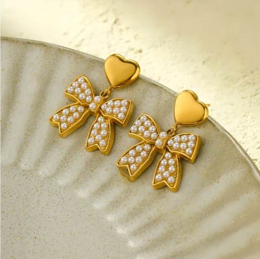 Gold Heart Pearl Bow Drop Earrings - - 18k Gold Plated Waterproof Jewellery - Collection 9