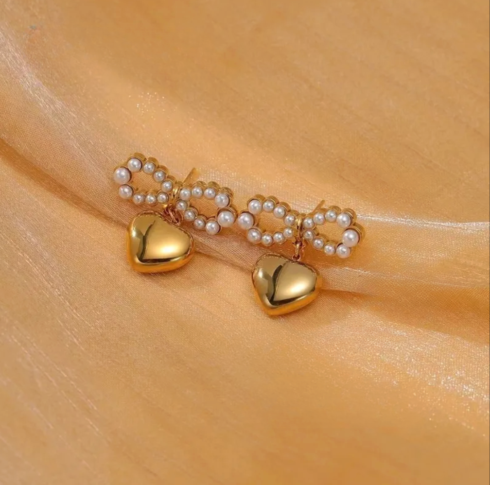 Gold Pearl Bow with Heart Drop Earrings - - 18k Gold Plated Waterproof Jewellery - Collection 9