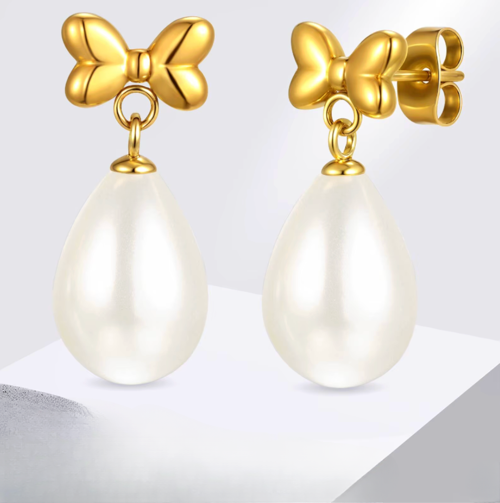 Gold Bow Pearl Drop Earrings - Earrings - 18k Gold Plated Waterproof Jewellery - Collection 9