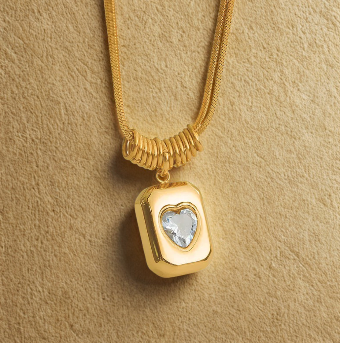 Gold Crystal Heart Rectangle Pendant Necklace - Jewelry - 18k Gold Plated Waterproof Jewellery - Collection 9