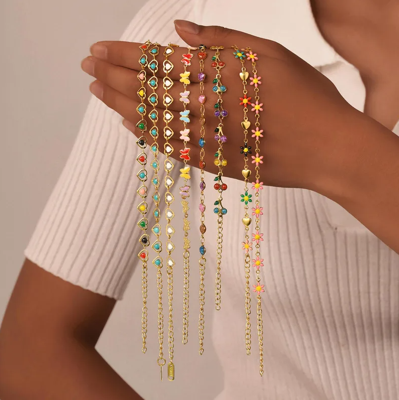 Gold Colorful Flower Heart Charm Bracelet - Jewelry - 18k Gold Plated Waterproof Jewellery - Collection 9