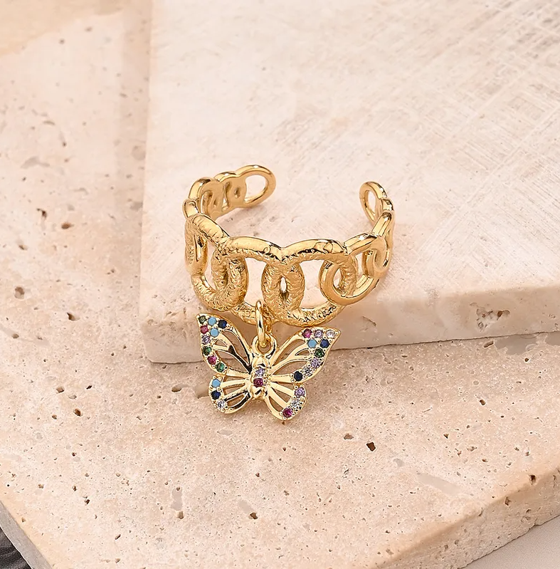 Gold Crystal Butterfly Chain Link Ring - Jewelry - 18k Gold Plated Waterproof Jewellery - Collection 9