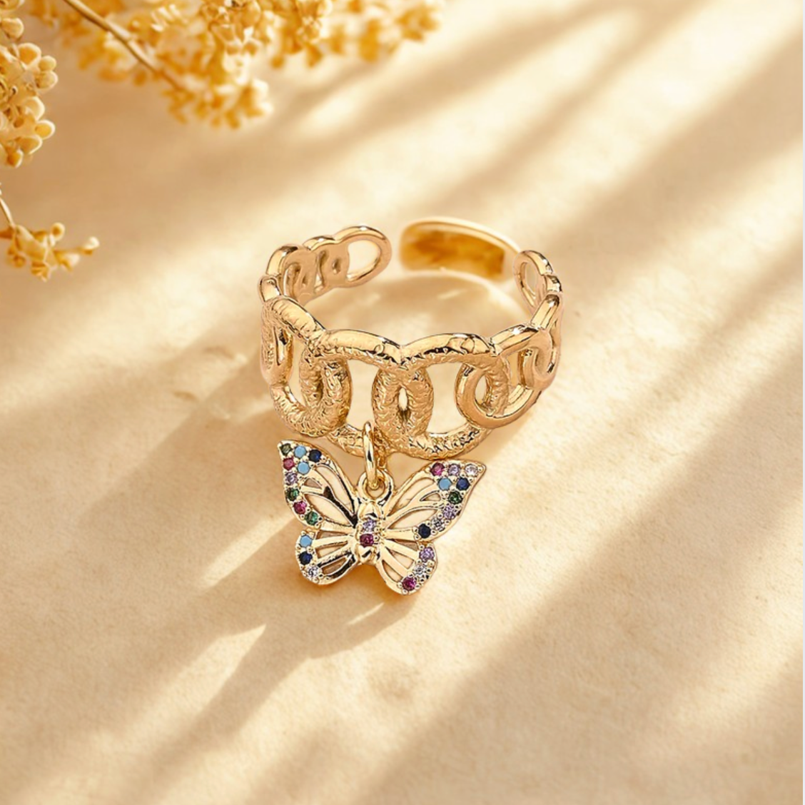 Gold Crystal Butterfly Chain Link Ring - Jewelry - 18k Gold Plated Waterproof Jewellery - Collection 9