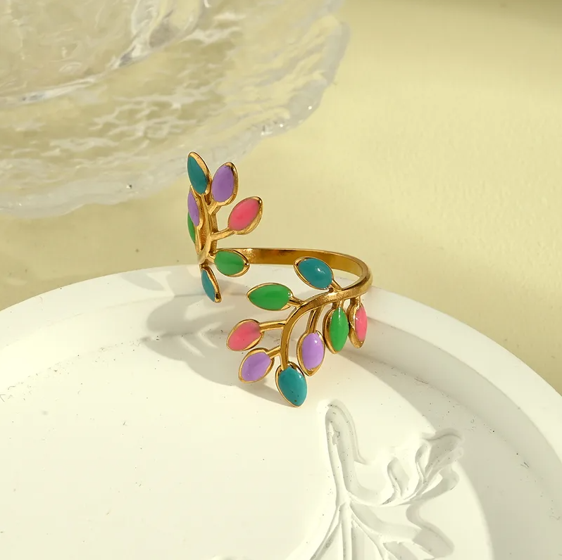 Gold Colorful Leaf Wrap Ring - Jewelry - 18k Gold Plated Waterproof Jewellery - Collection 9