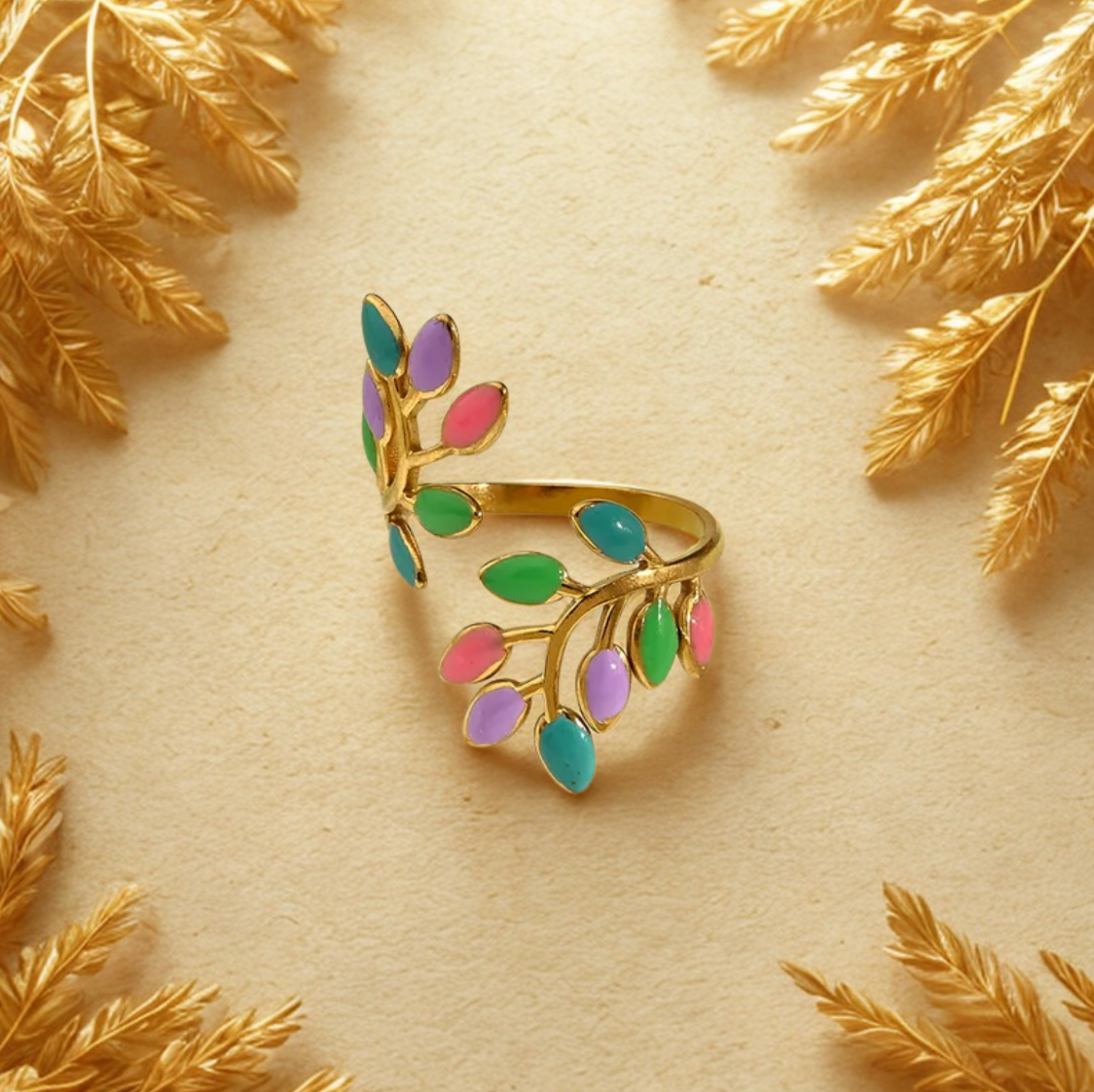 Gold Colorful Leaf Wrap Ring - Jewelry - 18k Gold Plated Waterproof Jewellery - Collection 9