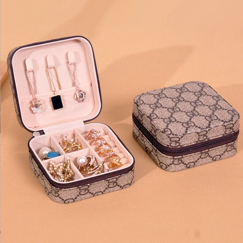 Brown Designer Cross Pattern Luxury Travel Jewellery Box - Jewellery Boxes - 18k Gold Plated Waterproof Jewellery - Collection 9