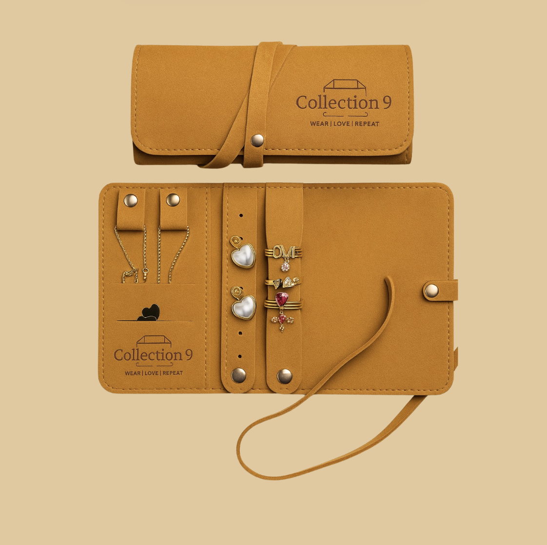 Golden Brown Travel Jewelry Roll Organizer - Accessories - 18k Gold Plated Waterproof Jewellery - Collection 9