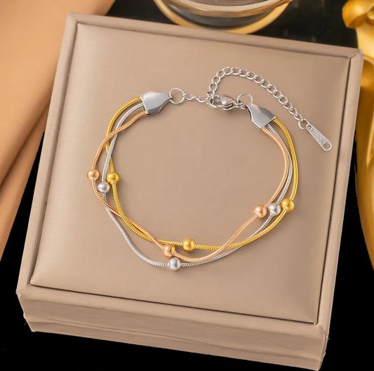 Gold Silver Multi-Strand Bead Bracelet - Jewelry - 18k Gold Plated Waterproof Jewellery - Collection 9