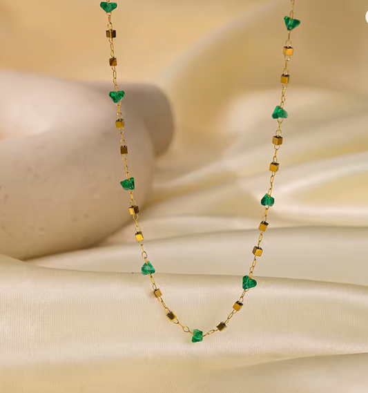 Gold Green Crystal Layered Necklace - Jewelry - 18k Gold Plated Waterproof Jewellery - Collection 9