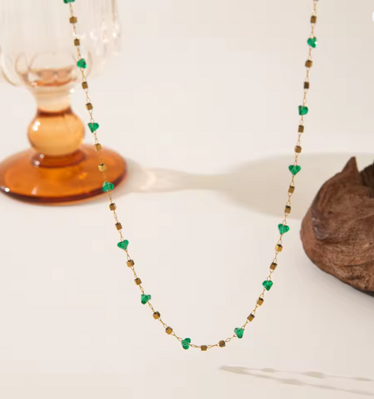 Gold Green Crystal Layered Necklace - Jewelry - 18k Gold Plated Waterproof Jewellery - Collection 9