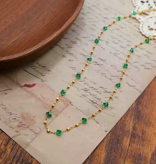 Gold Green Crystal Layered Necklace - Jewelry - 18k Gold Plated Waterproof Jewellery - Collection 9
