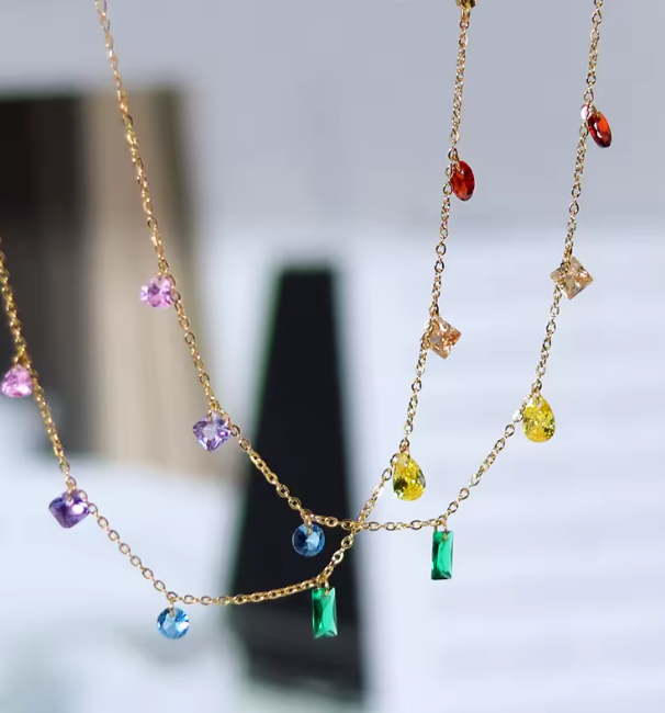 Gold Rainbow Crystal Charm Necklace - Jewelry - 18k Gold Plated Waterproof Jewellery - Collection 9