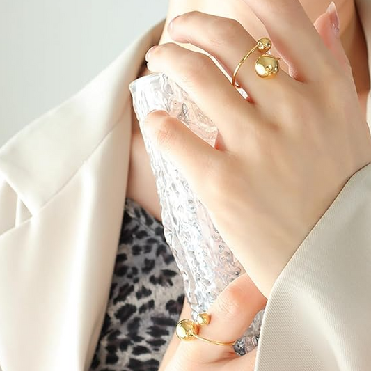 Gold Double Ball Open Cuff Ring - Jewelry - 18k Gold Plated Waterproof Jewellery - Collection 9