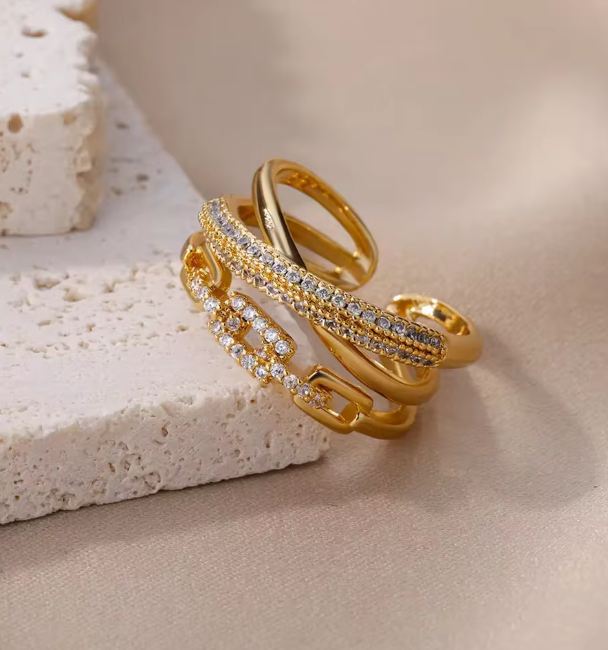 Gold Crystal Pave Multi-Layer Ring - Jewelry - 18k Gold Plated Waterproof Jewellery - Collection 9