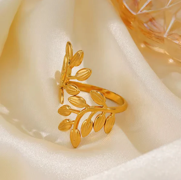 Gold Botanical Leaf Wrap Adjustable Ring - Jewelry - 18k Gold Plated Waterproof Jewellery - Collection 9