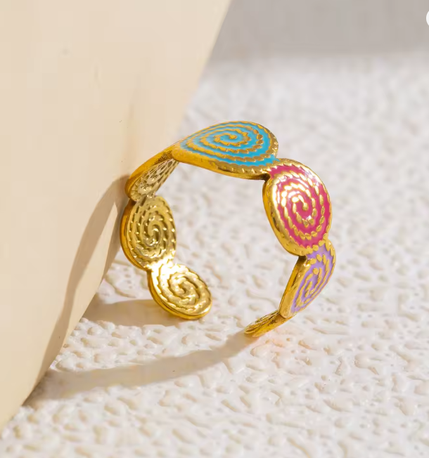 Gold Colorful Spiral Medallion Adjustable Ring - Jewelry - 18k Gold Plated Waterproof Jewellery - Collection 9