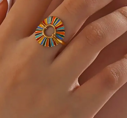 Gold Rainbow Enamel Sunburst Adjustable Ring - Jewelry - 18k Gold Plated Waterproof Jewellery - Collection 9