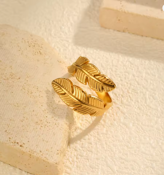 Gold Feather Wrap Adjustable Ring - Jewelry - 18k Gold Plated Waterproof Jewellery - Collection 9