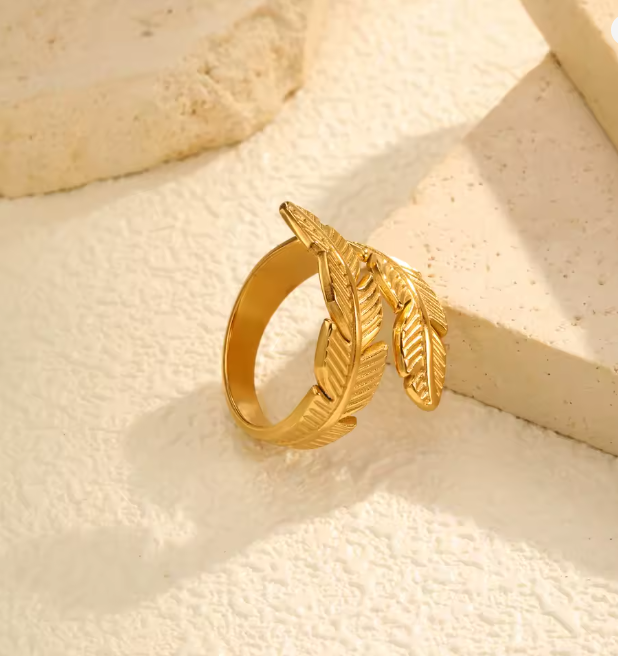 Gold Feather Wrap Adjustable Ring - Jewelry - 18k Gold Plated Waterproof Jewellery - Collection 9
