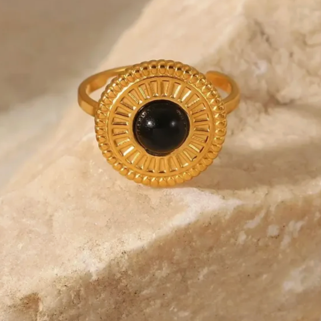 Gold Black Stone Medallion Ring - Jewelry - 18k Gold Plated Waterproof Jewellery - Collection 9