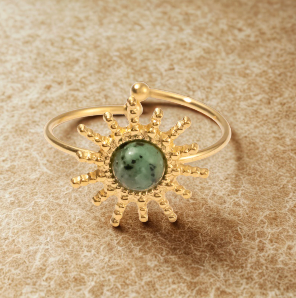 Gold Green Stone Sunburst Ring - Jewelry - 18k Gold Plated Waterproof Jewellery - Collection 9