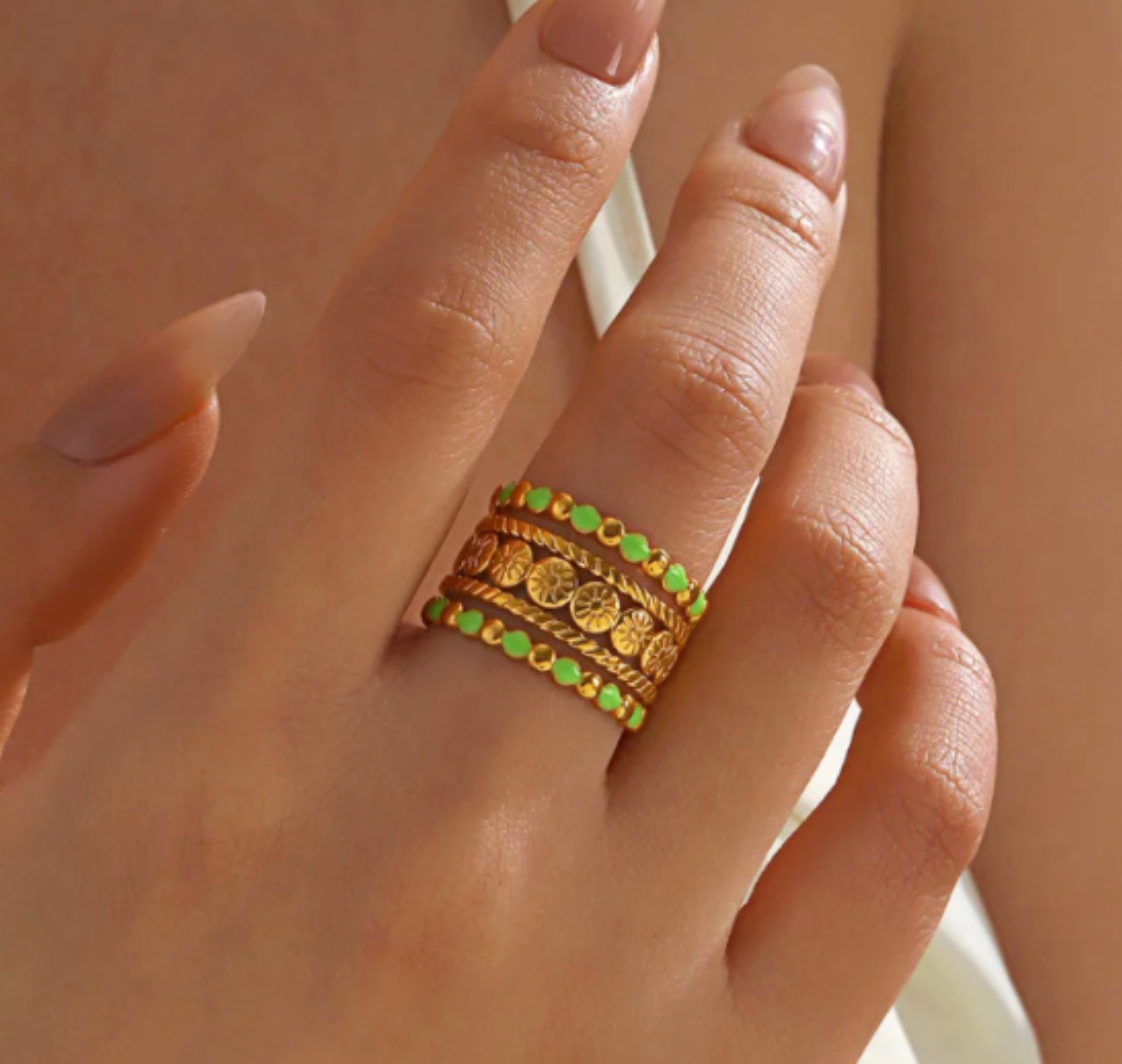 Multi Row Green Ring - Jewelry - 18k Gold Plated Waterproof Jewellery - Collection 9
