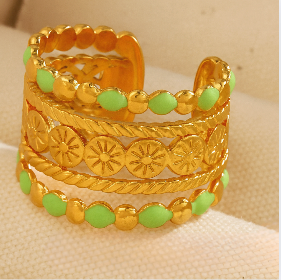 Multi Row Green Ring - Jewelry - 18k Gold Plated Waterproof Jewellery - Collection 9