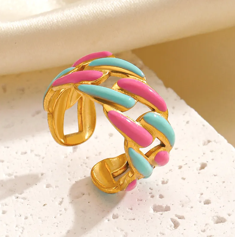 Enamel Woven Adjustable Ring - Jewelry - 18k Gold Plated Waterproof Jewellery - Collection 9
