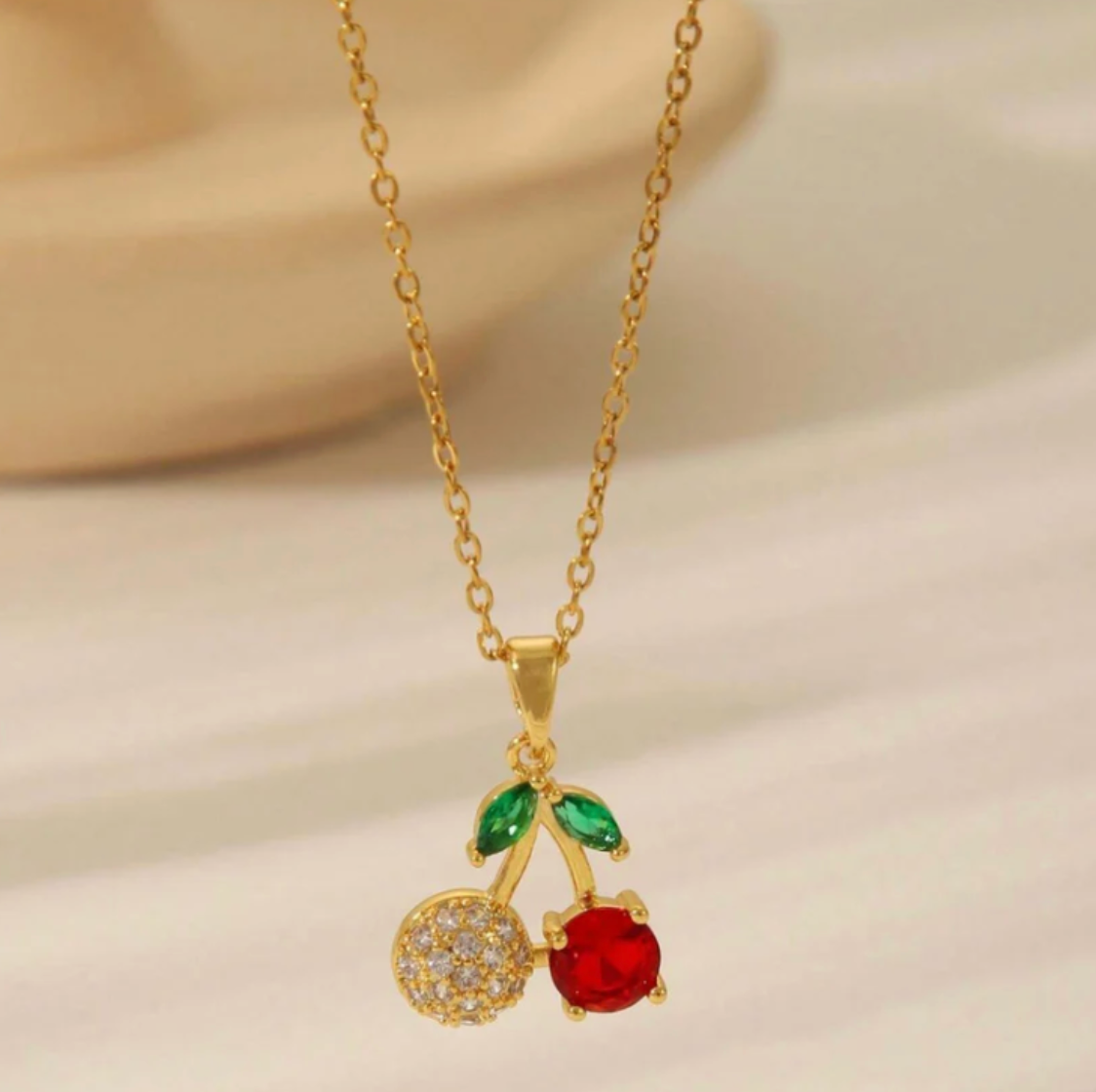 Gold Crystal Cherry Pendant Necklace - Jewelry - 18k Gold Plated Waterproof Jewellery - Collection 9
