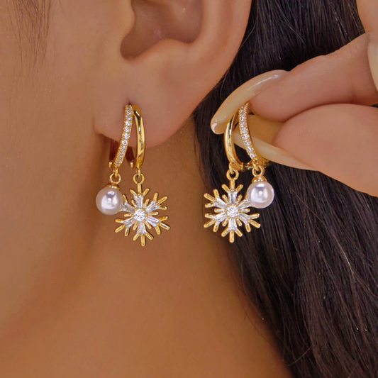 Pearl & Snowflake Crystal Hoop Earrings - Earrings - 18k Gold Plated Waterproof Jewellery - Collection 9
