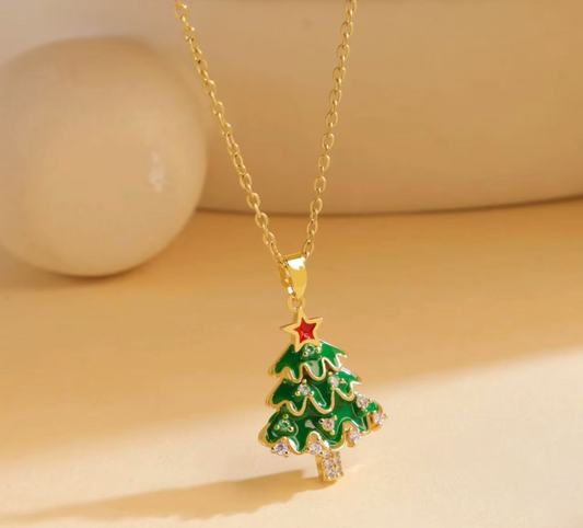 Green Enamel Christmas Tree Pendant Necklace - Necklaces - 18k Gold Plated Waterproof Jewellery - Collection 9