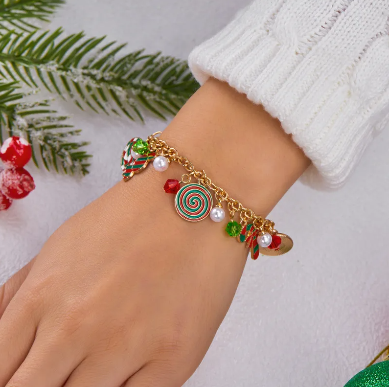 Candy Cane & Pearl Charm Bracelet - Bracelets - 18k Gold Plated Waterproof Jewellery - Collection 9