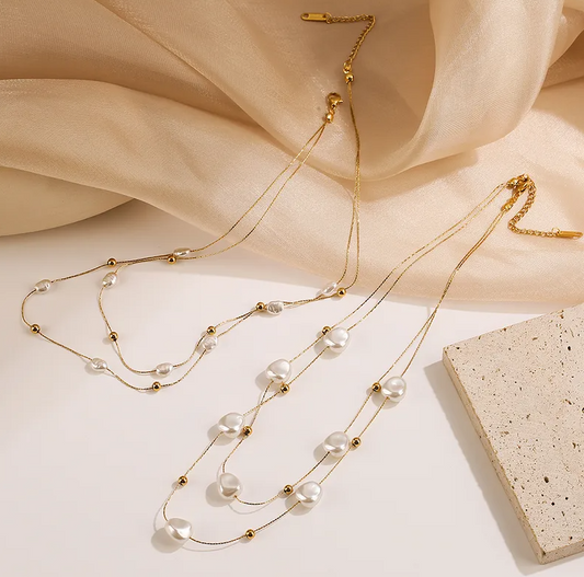 Gold Pearl Layered Necklace - Necklace - 18k Gold Plated Waterproof Jewellery - Collection 9