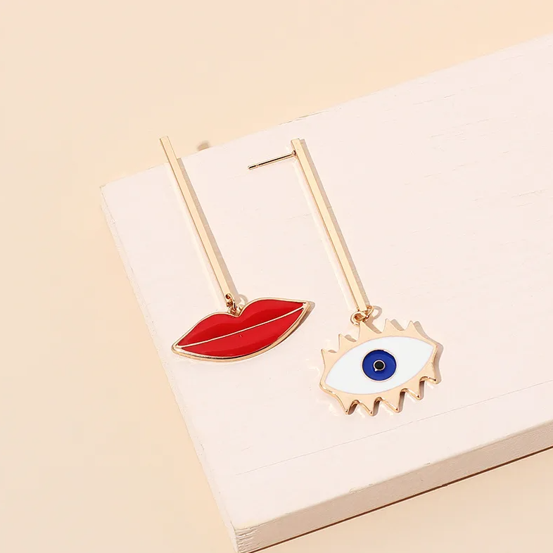 Gold Lips Evil Eye Asymmetric Drop Earrings - Earrings - 18k Gold Plated Waterproof Jewellery - Collection 9