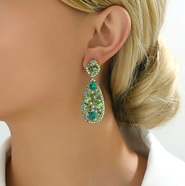 Gold Green Crystal Teardrop Earrings - Earrings - 18k Gold Plated Waterproof Jewellery - Collection 9