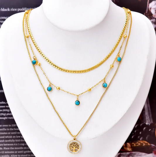 Gold Turquoise Tree of Life Layered Necklace Set - Necklace - 18k Gold Plated Waterproof Jewellery - Collection 9