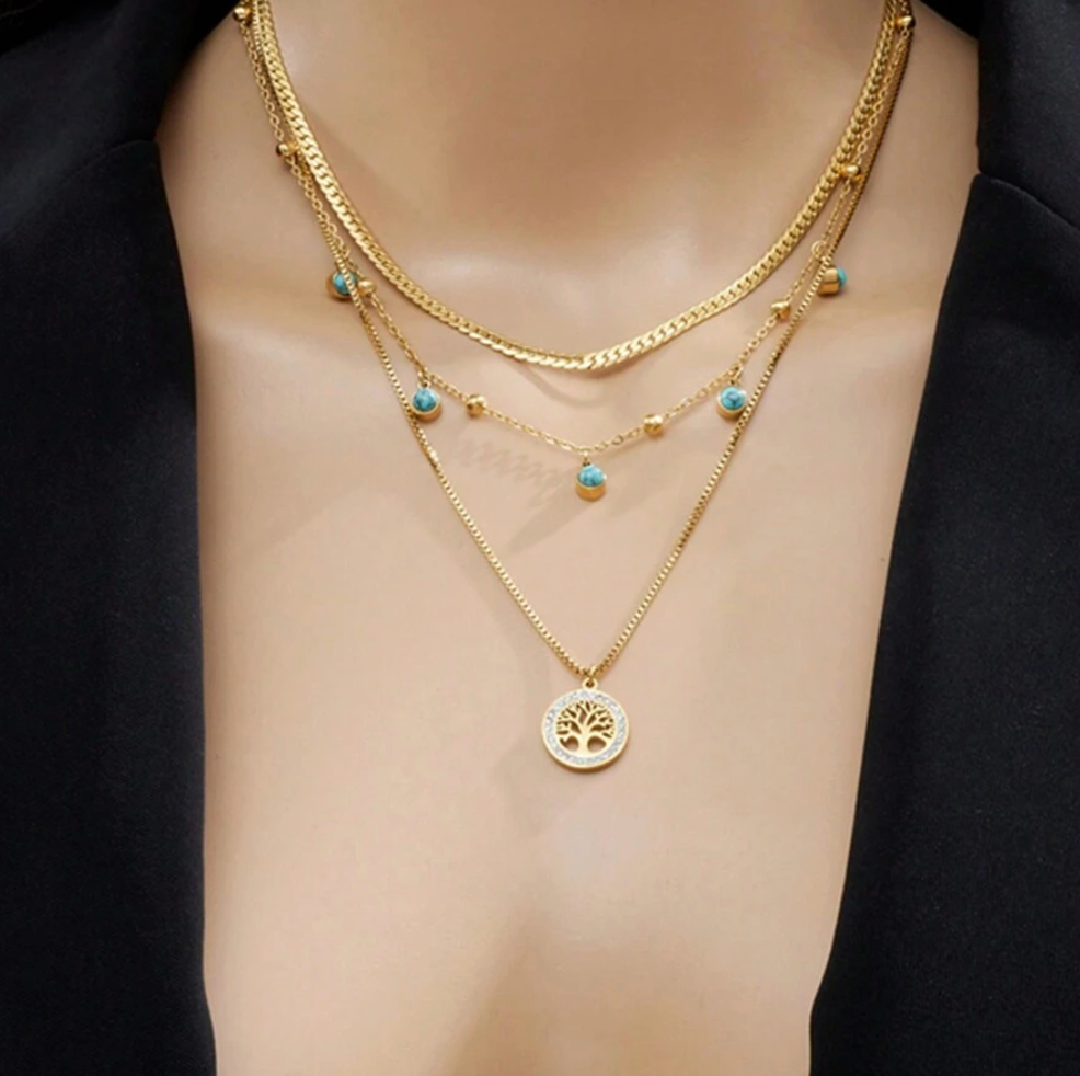 Gold Turquoise Tree of Life Layered Necklace Set - Necklace - 18k Gold Plated Waterproof Jewellery - Collection 9