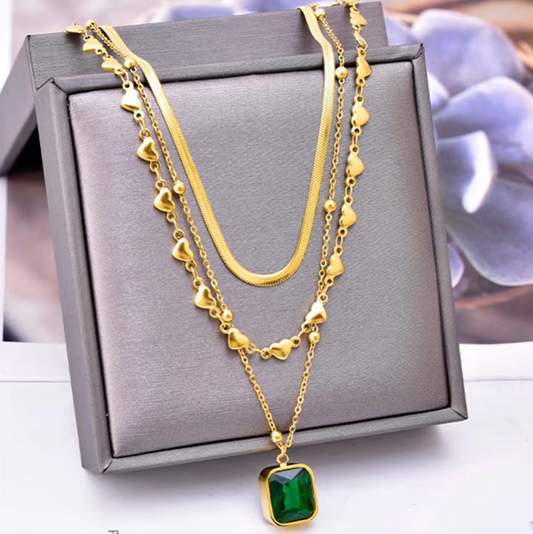 Gold Green Crystal Layered Necklace Set - Necklace - 18k Gold Plated Waterproof Jewellery - Collection 9